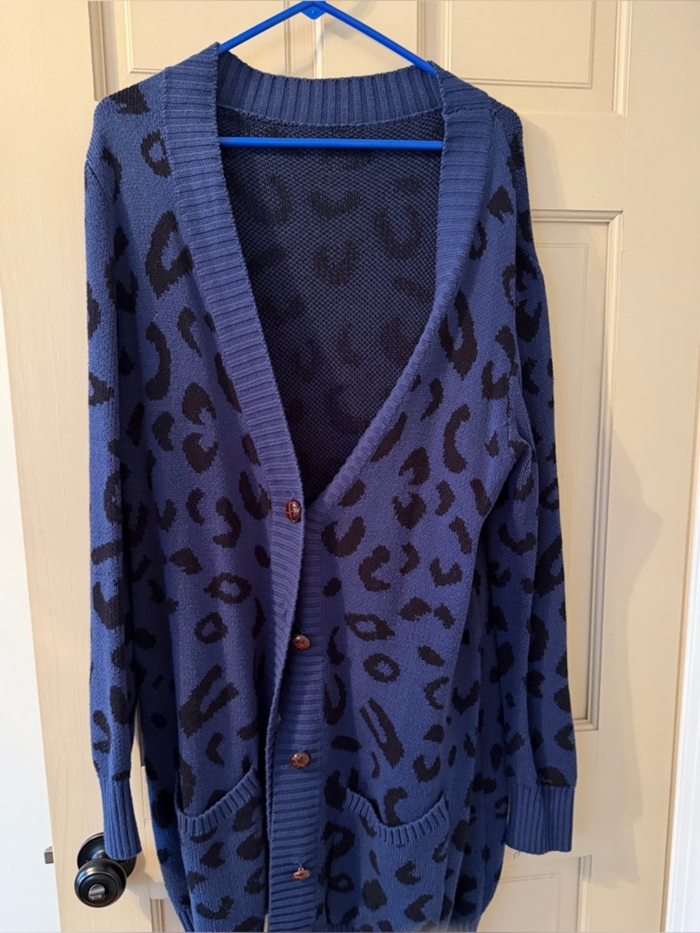 Amazon Navy and Black Leopard-Print Knit Cardigan